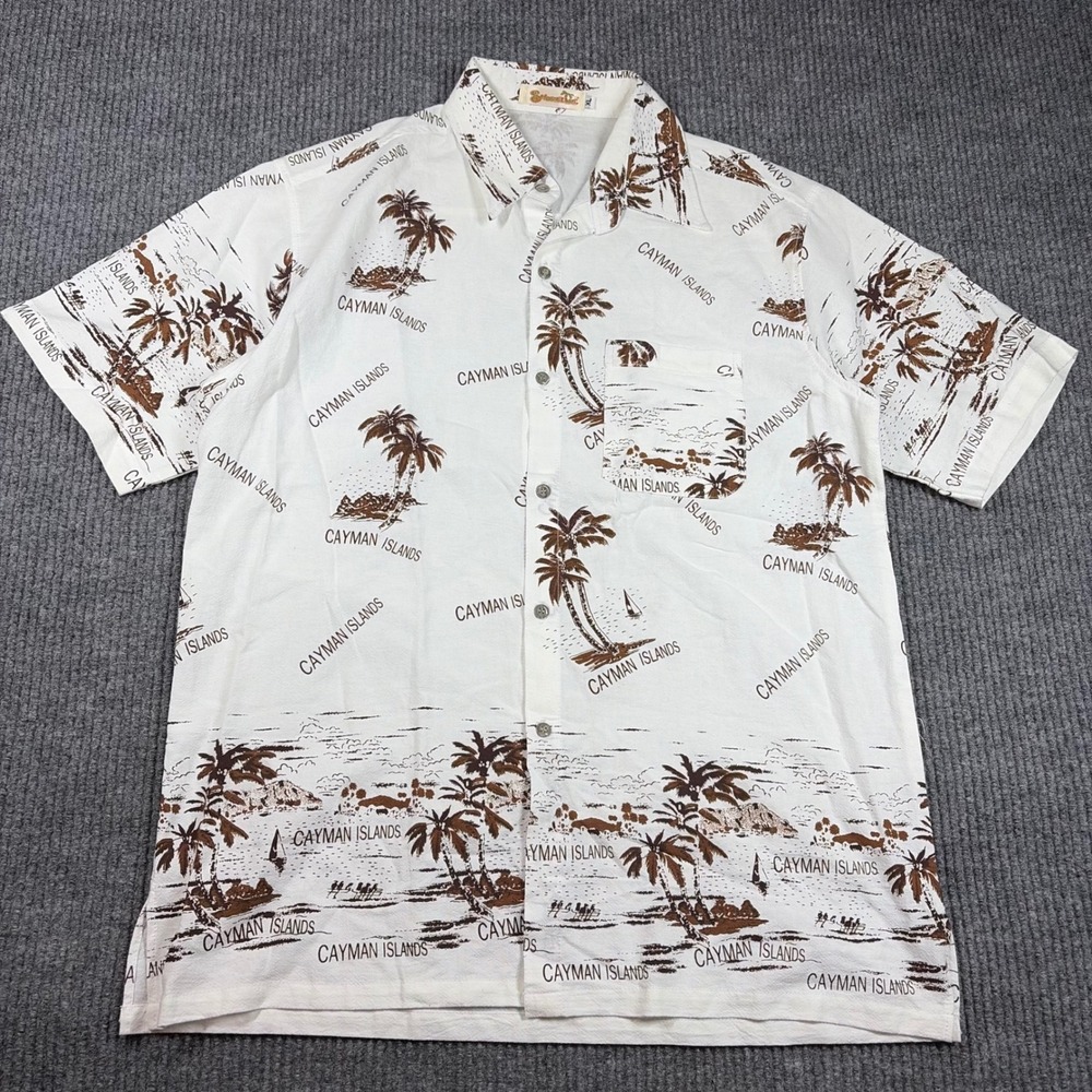 Shoreline Shirt Mens XL Cayman Islands Hawaiian White Brown Palm Tree Tropical